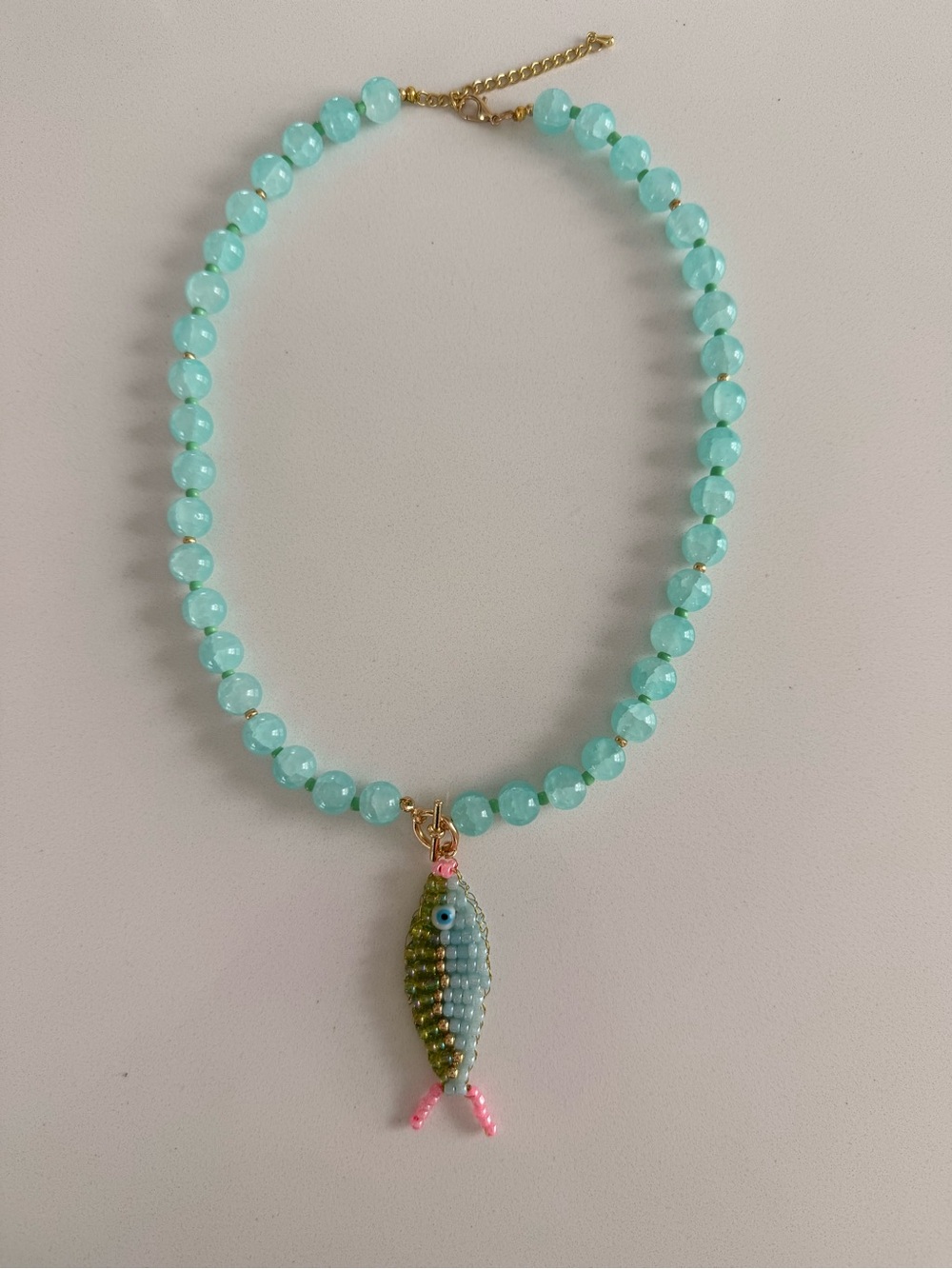 Beaded Aqua Fish Pendant Necklace - Aqua and Pink